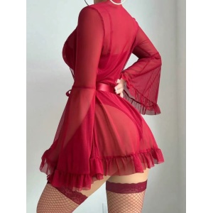 Set lenjerie intima sexy cu halat, body si ciorapi plasa, visiniu, 3 piese #ZZ4458 - Img 3