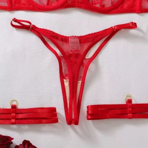 Set lenjerie intima sexy cu insertii de tul nude si manusi lungi, rosu, 4 piese #ZZ4591 - Img 8