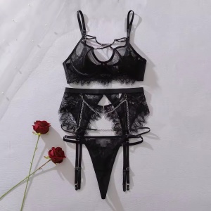 Set lenjerie intima sexy cu lantisoare decorative, negru, 3 piese#ZZ4197 - Img 7
