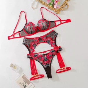 Set lenjerie intima sexy din dantela brodata cu motive florale, rosu/ negru, 3 piese #ZZ4633 - Img 8