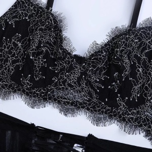 Set lenjerie intima sexy din dantela brodata si tul, negru, 4 piese#ZZ4953 - Img 7