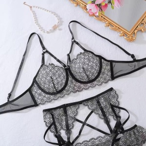 Set lenjerie intima sexy din dantela cu broderie florala, negru, 4 piese #ZZ4623 - Img 12