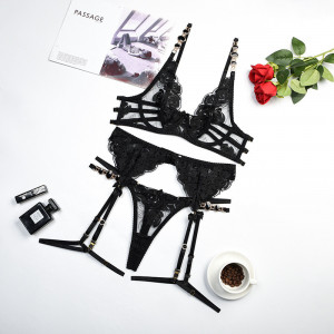 Set lenjerie intima sexy din dantela cu broderie si cristale decorative, negru, 4 piese #ZZ4172 - Img 10