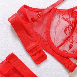 Set lenjerie intima sexy din dantela cu broderie si elemente metalice aurii, rosu, 5 piese #ZZ4257 - Img 11