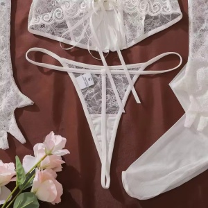 Set lenjerie intima sexy din dantela cu corset, ciorapi si manusi, 4 piese, alb, #ZZ4248 - Img 12