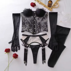 Set lenjerie intima sexy din dantela cu corset, ciorapi si manusi, 5 piese, negru #ZZ4420 - Img 7