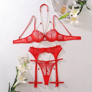 Set lenjerie intima sexy din dantela cu lantisoare decorative, rosu, 4 piese #ZZ4626 - Img 7