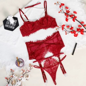 Set lenjerie intima sexy din dantela cu perle decorative, visiniu, 3 piese #ZZ4656 - Img 7