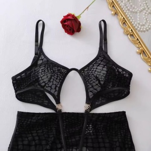 Set lenjerie intima sexy din dantela fina brodata, ciorapi, 3 piese, negru #ZZ4241 - Img 6