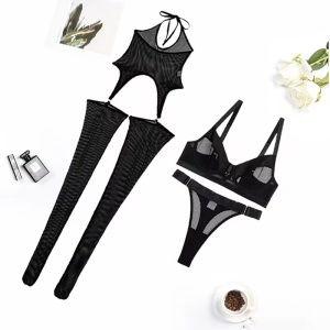 Set lenjerie intima sexy din dantela tip plasa, negru, 3 piese #ZZ4976 - Img 6