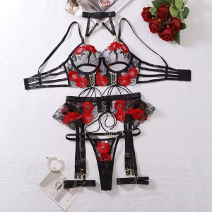 Set lenjerie intima sexy din dantelacu broderie florala, negru/ rosu, 5 piese #ZZ4383 - Img 9