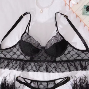 Set lenjerie intima sexy din dantelată brodată cu mănuși, negru, 3 piese #ZZ4263 - Img 9