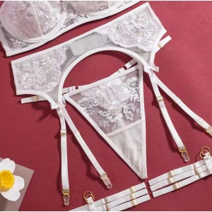 Set lenjerie intima sexy din tul nude si broderie florala , alb/ nude, 4 piese #ZZ4327 - Img 11