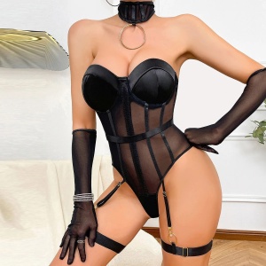 Set lenjerie intima sexy satinata cu choker si manusi lungi, negru, 4 piese #ZZ4235 - Img 2