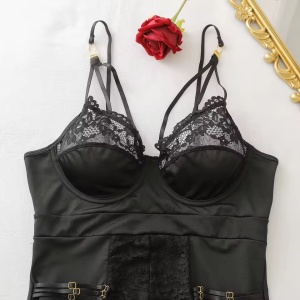 Set lenjerie intima sexy satinata, insertii de dantela si catarame decorative, 2 piese, negru, #ZZ4242 - Img 10