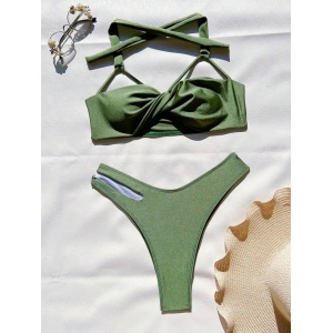 🔥Oferta zilei🔥Costum de baie 2 piese sidefat, cu decupaje, slip tanga, verde kaki #ZZ2092 - Img 4