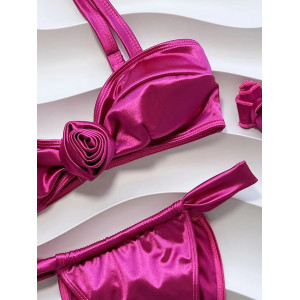 🔥Oferta zilei🔥Costum de baie 3 piese satinat, sutien si choker cu trandafiri decorativi, roz fucsia #ZZ2001 - Img 7