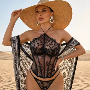 🔥Oferta zilei🔥Set lenjerie intima sexy din dantela, negru, 2 piese #ZZ4267 - Img 7