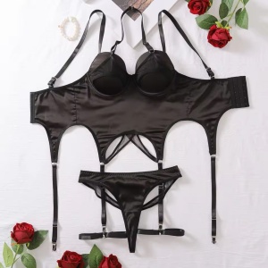 🔥Oferta zilei🔥Set lenjerie intima sexy satinat, corset cu prindere portjartier, negru, 2 piese #ZZ4132 - Img 10