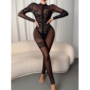 🔥Oferta zilei 🔥Salopeta sexy elastică lungă, semitransparenta, negru, 2 piese #ZZ4201