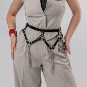 Accesoriu pentru talie din piele ecologica si lant, negru #ZZ4368 - Img 4
