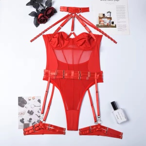 Body sexy cu benzi, catarame decorative, accesoriu talie cu portjartier, rosu, 3 piese #ZZ4960 - Img 10
