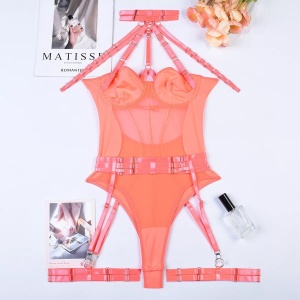 Body sexy cu benzi, catarame decorative, accesoriu talie cu portjartier, corai, 3 piese #ZZ4928 - Img 8