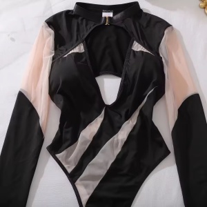 Body sexy cu insertii din tul elastic, negru/ bej, #ZZ4218 - Img 10