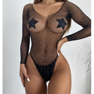 Body sexy elastic din plasa fina cu cristale decorative, negru #ZZ4044 - Img 2