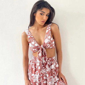 Compleu cu bluza, bustiera si pantaloni lungi, motive florale, roz/alb, 3 piese #ZZ6007 - Img 3