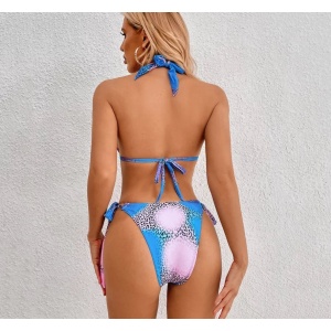 Costum de baie 2 piese, animal print, cristale decorative si slip reglabil, roz/ albastru #ZZ2830 - Img 5