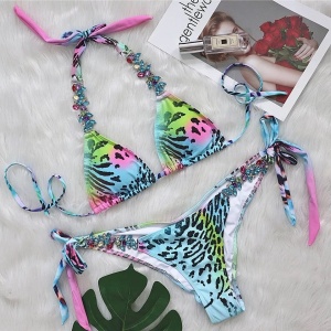 Costum de baie 2 piese animal print cu cristale decorative si slip brzilian, multicolor #ZZ2922 - Img 3
