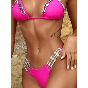 Costum de baie 2 piese brazilian cu cristale decorative la slip si sutien, roz neon #ZZ2121 - Img 5