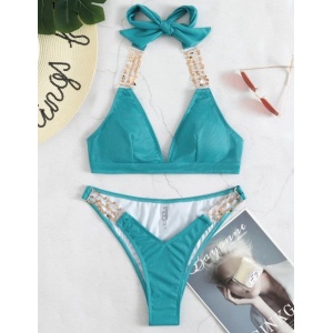 Costum de baie 2 piese cu accesorii metalice decorative, turcoaz #ZZ2726 - Img 3