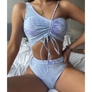 Costum de baie 2 piese cu bustiera si slip cu talie inalta, bleu #ZZ2862