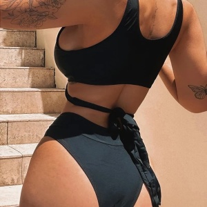 Costum de baie 2 piese cu catarame metalice aurii la slip si sutien, negru #ZZ2794 - Img 3