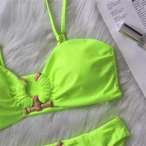 Costum de baie 2 piese cu catarame metalice decorative, verde neon #ZZ2923 - Img 10