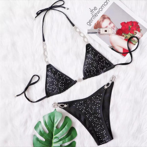 Costum de baie 2 piese cu cristale si accesorii metalice, negru #ZZ2067 - Img 11
