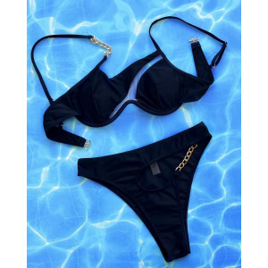 Costum de baie 2 piese cu decupaje si lanturi aurii decorative, negru #ZZ2083 - Img 2
