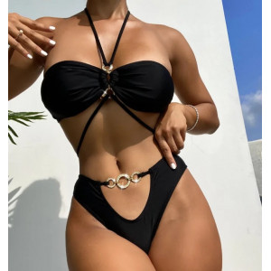 Costum de baie 2 piese cu decupaje, snururi si cercuri metalice decorative, negru #ZZ2085