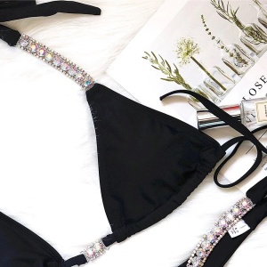 Costum de baie 2 piese cu elemente metalice si cristale decorative la slip si sutien, negru #ZZ2916 - Img 7