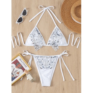 Costum de baie 2 piese cu franjuri si paiete decorative, alb #ZZ2851 - Img 2