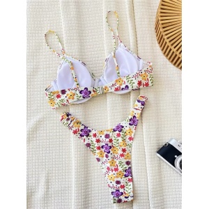 Costum de baie 2 piese cu imprimeu floral si slip ridicat pe solduri, alb #ZZ2026 - Img 8