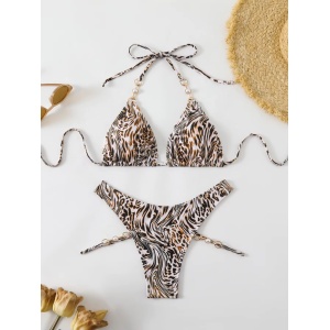 Costum de baie 2 piese cu imprimeu leopard și perle decorative, maro/bej #ZZ2129 - Img 4