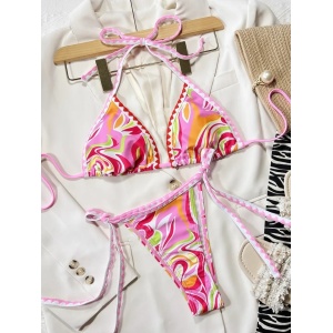 Costum de baie 2 piese cu imprimeu multicolor si slip reglabil, roz #ZZ2878 - Img 5