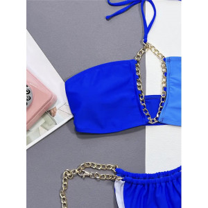 Costum de baie 2 piese cu lant auriu decorativ la slip si sutien, albastru #ZZ2029 - Img 4