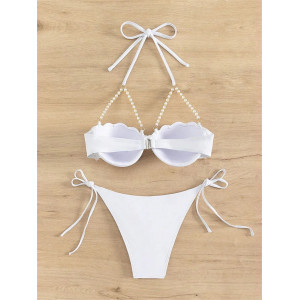 Costum de baie 2 piese cu perle decorative, cupe tari buretate, slip reglabil, alb #ZZ2069 - Img 4