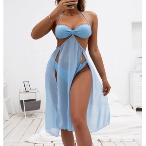 Costum de baie 2 piese cu rochita si slip, bleu #ZZ2886