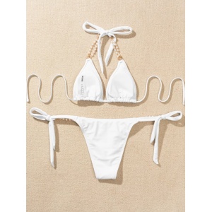 Costum de baie 2 piese cu slip reglabil si perle decorative, alb #ZZ2831 - Img 4