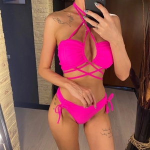 Costum de baie 2 piese cu snururi reglabile pa slip si sutien, roz fucsia #ZZ2799 - Img 2